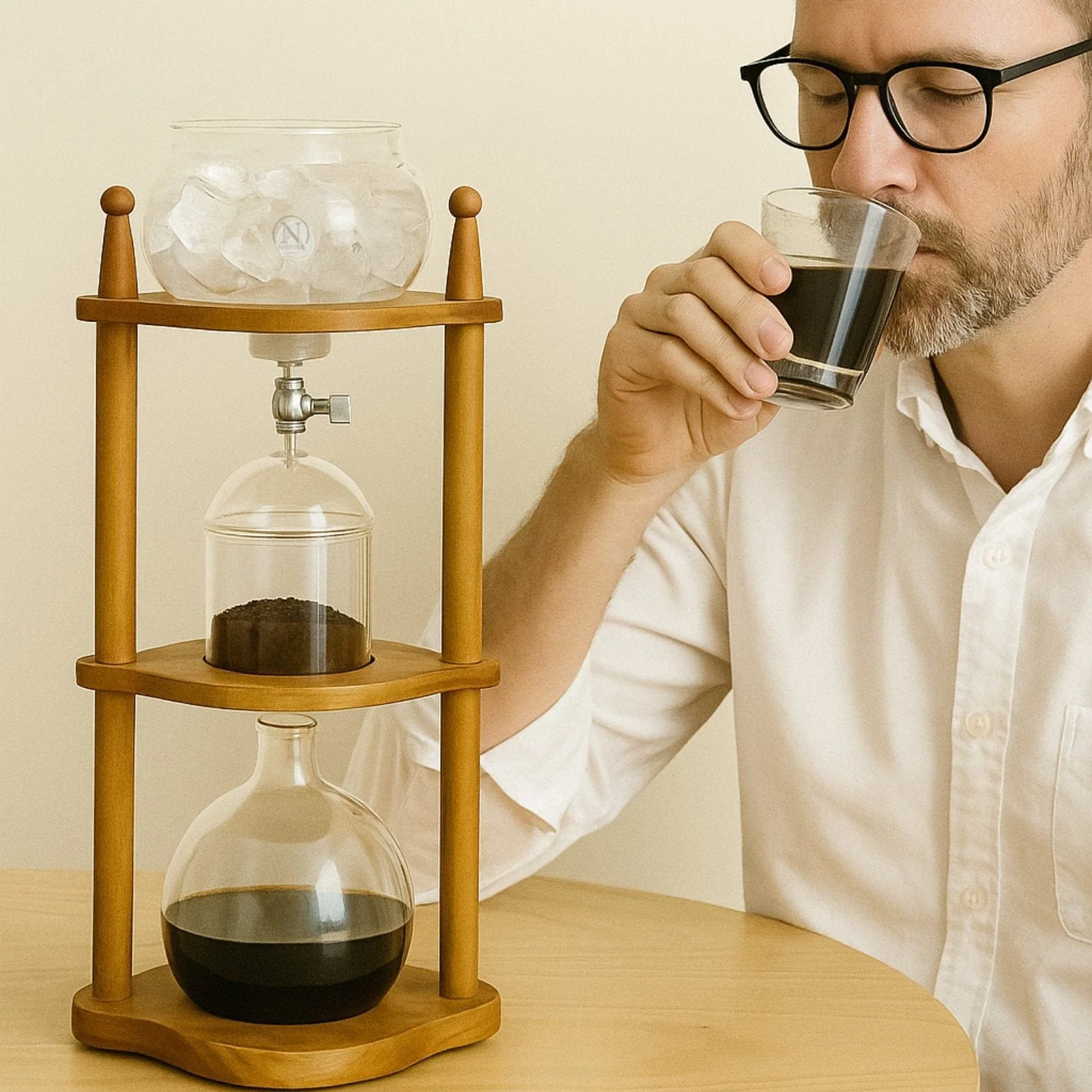 Nispira Cold Brew coffee Maker Ice Coffee Drip Machine with Advanced Slow Drip Technology Borosilicate Glass with Wood Tower, 6-8 Cup, Brown - Image 6