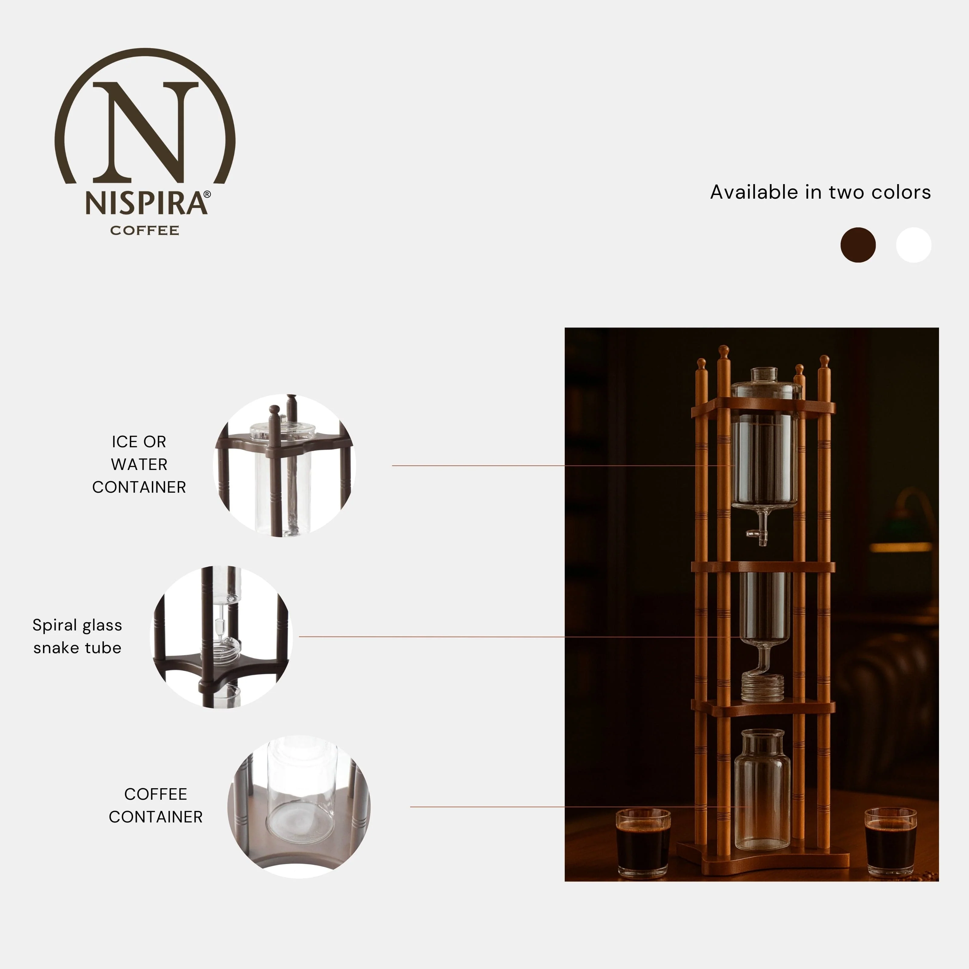 Nispira Cold Brew Drip Tower Iced Coffee Maker Glass Wooden Stand 25 Cups - Image 3